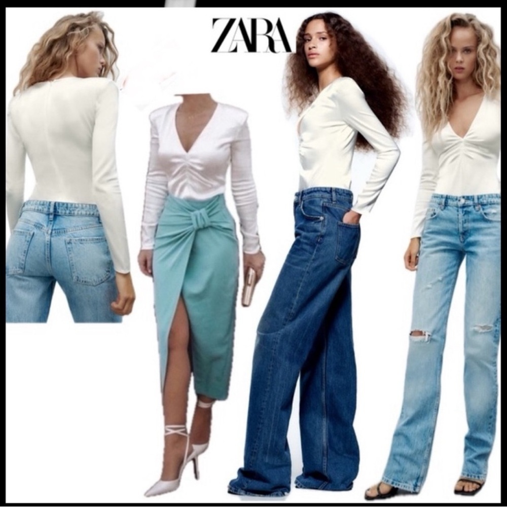 Zara white satin effect ruched long sleeve V-neck bodysuit Sz XL NWOT